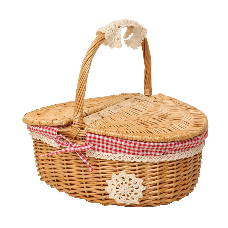 Handmade Wicker Basket with Handle Wicker Outdoor Camping Picnic Basket Food Fruit Rattan Storage Basket Tableware Supplies Bag - Image 3