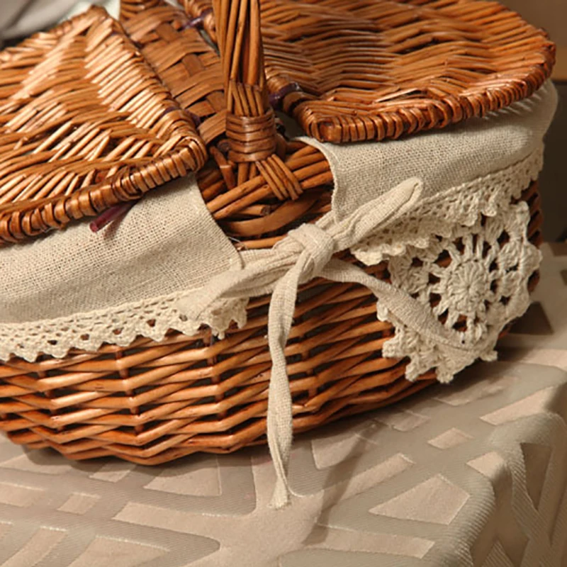Handmade Wicker Basket with Handle Wicker Outdoor Camping Picnic Basket Food Fruit Rattan Storage Basket Tableware Supplies Bag - Image 6