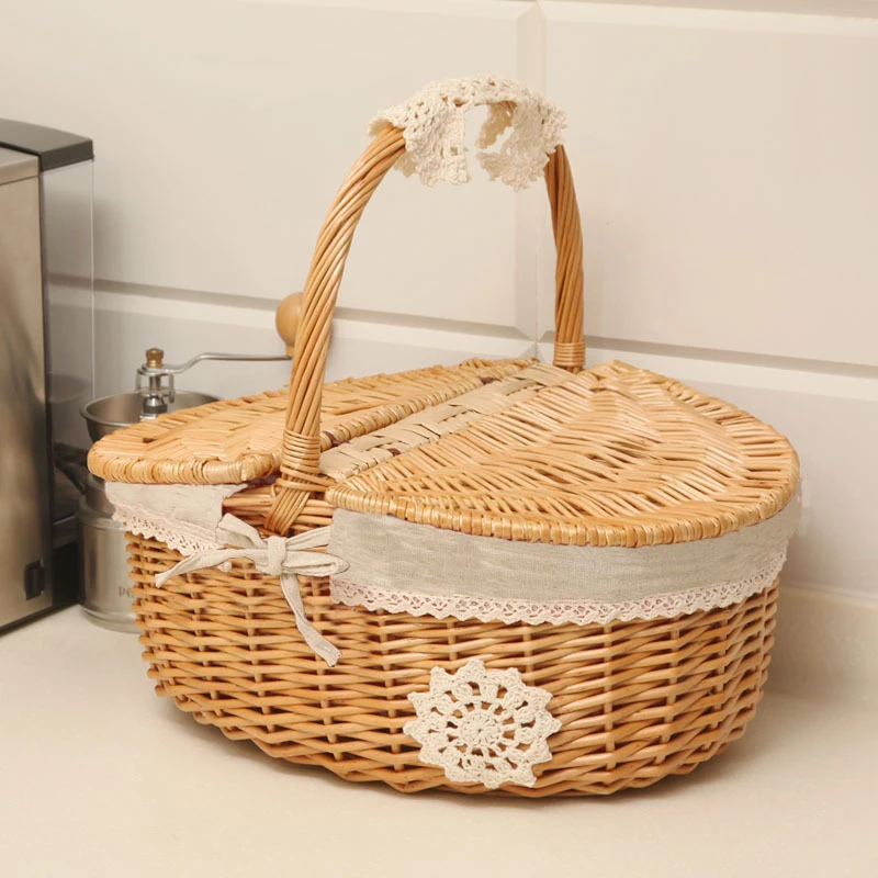 Handmade Wicker Basket with Handle Wicker Outdoor Camping Picnic Basket Food Fruit Rattan Storage Basket Tableware Supplies Bag - Image 2