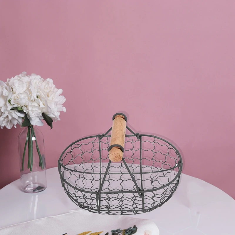 Wooden Handle Metal Retro Basket Portable Multi-Function Vegetable Fruit Egg Groceries Practical Storage Basket Organizer Retail - Image 3