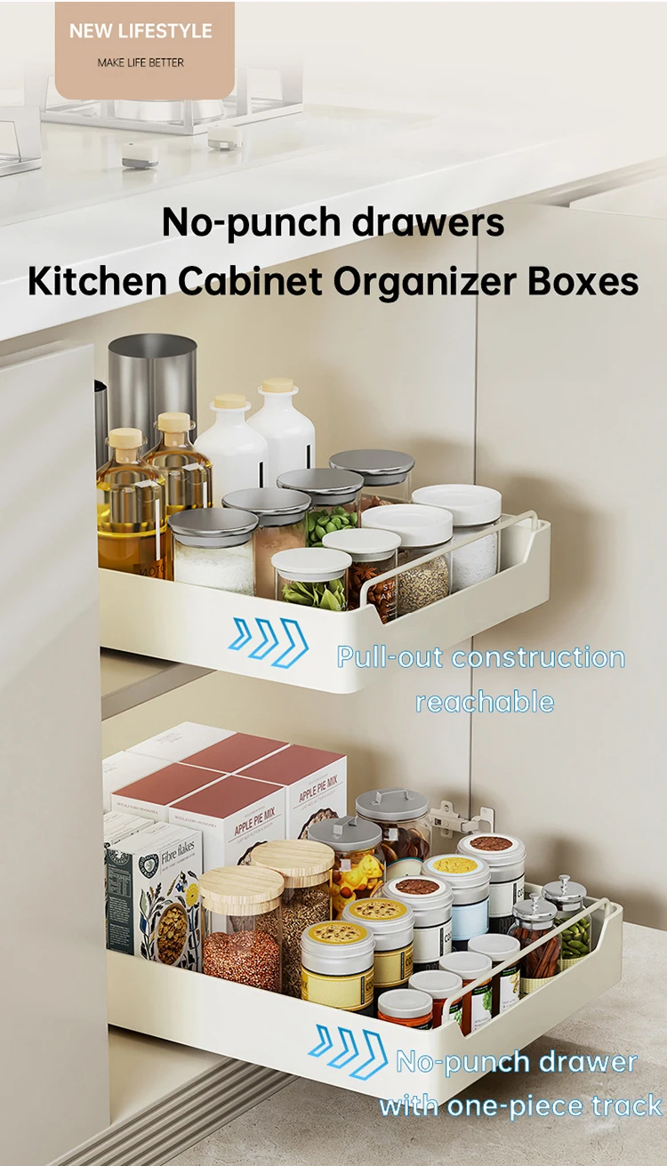 Kitchen Storage Box with Sliding Rail Pull-out Cabinet Storage Rack Spice Pantry Shelves Drawer Kitchen Organizer Basket - Image 11