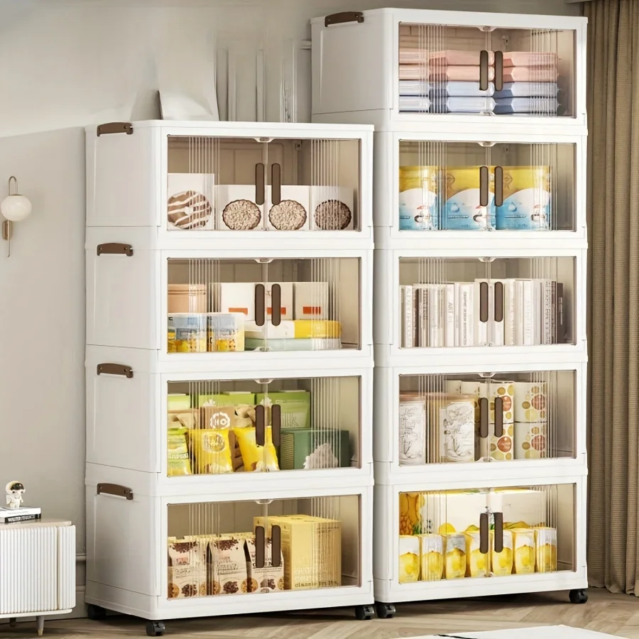 4/5-Tier Heavy-Duty Plastic Folding Storage Cabinet with Lid - Foldable & Stackable Shelving Unit, Wheeled Container Suitable fo - Image 5