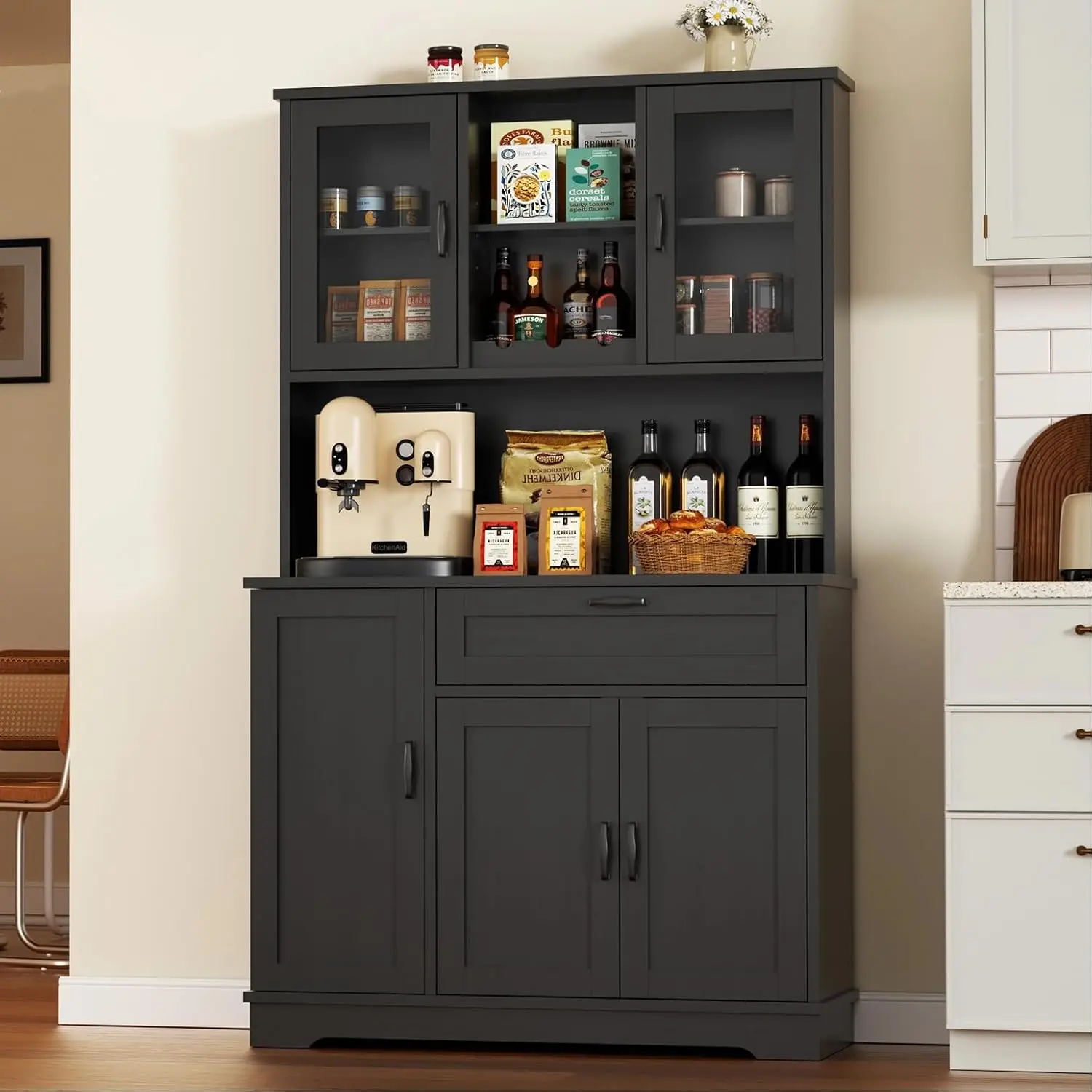 Tall Kitchen Pantry Storage Cabinet, Modern Pantry Cabinet with Hutch and Microwave Stand, Modern Kitchen Coffee, Customized - Image 7