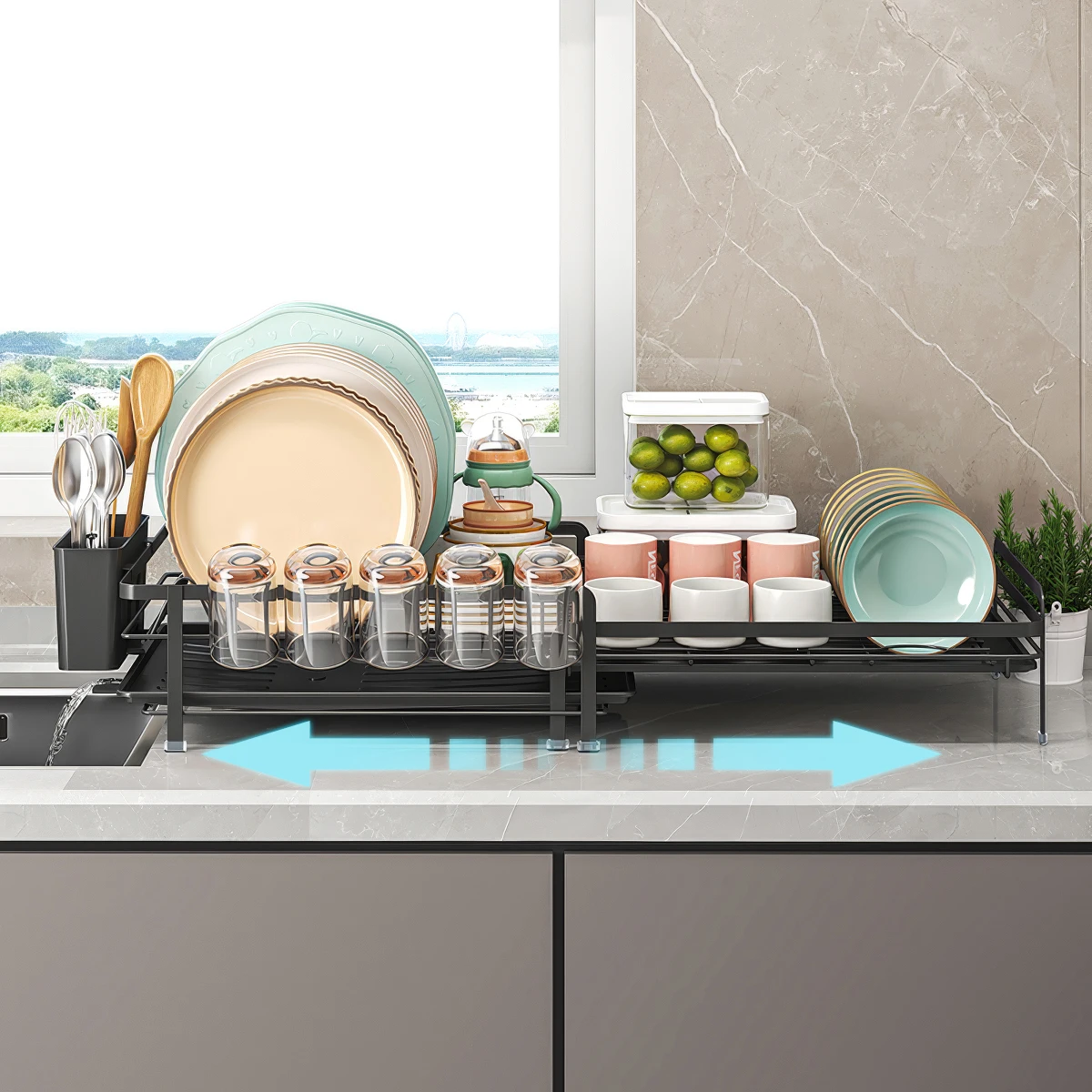 Adjustable Telescopic Dish Rack, Sink Side Dish Drying Organizer, Countertop Dish Organizer With Cup Holder, Utensil Holder - Image 3