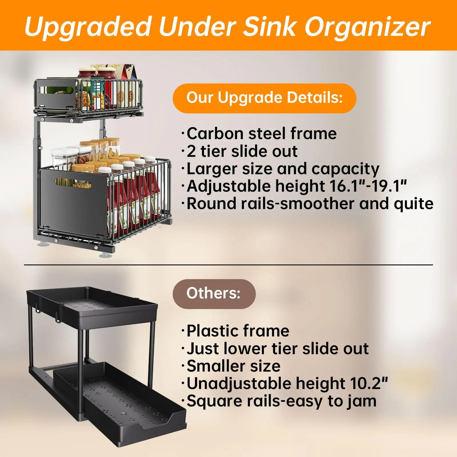 Pull-Out Under Sink Organizer, 2-Tier Adjustable Height Sliding Shelf for Kitchen/Bathroom Cabinet Storage, Black & White - Image 6