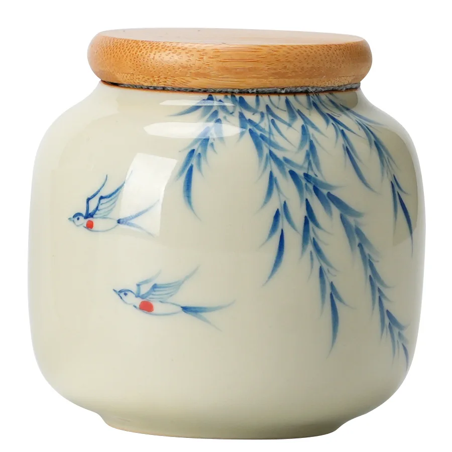 Warm Warbler, New Willow Grass Wood Grey Tea Sealed Ceramic Can High End Portable Small Moisture Proof Mini Storage Can - Image 5