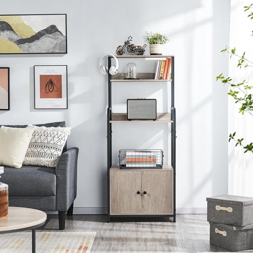Gray 4-Tier Kitchen Baker's Rack with Storage Cabinet, Microwave Stand, Coffee Bar, and Spice Rack - Image 14