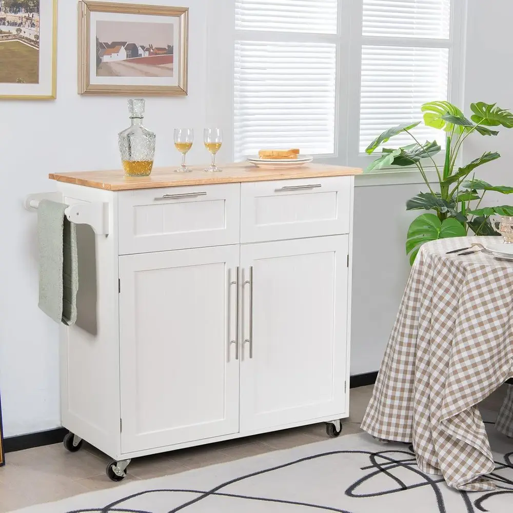 Rolling Kitchen Island with Towel Bar, Double Drawers, 2-Door Cabinet, White - Image 15