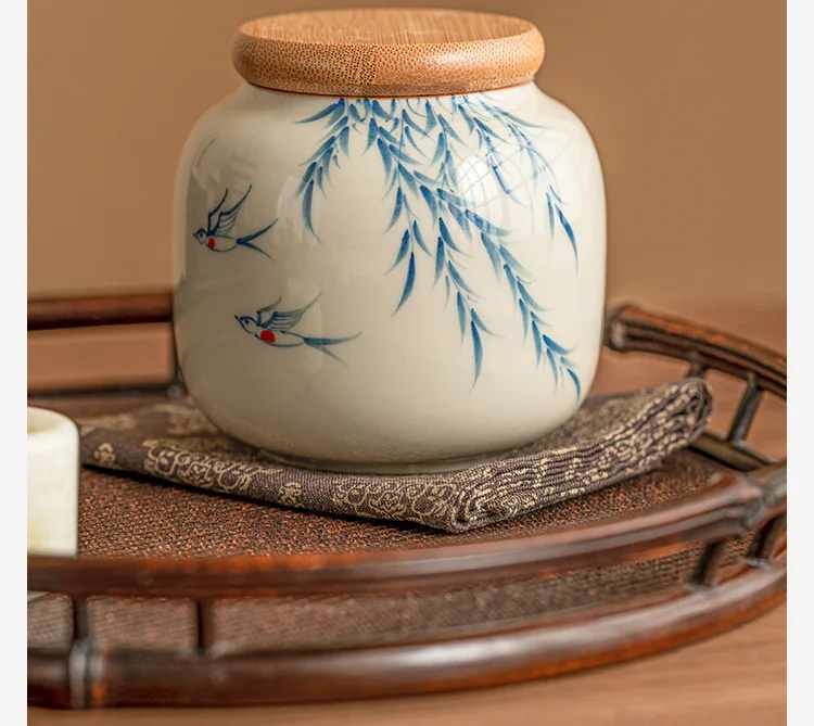 Warm Warbler, New Willow Grass Wood Grey Tea Sealed Ceramic Can High End Portable Small Moisture Proof Mini Storage Can - Image 11