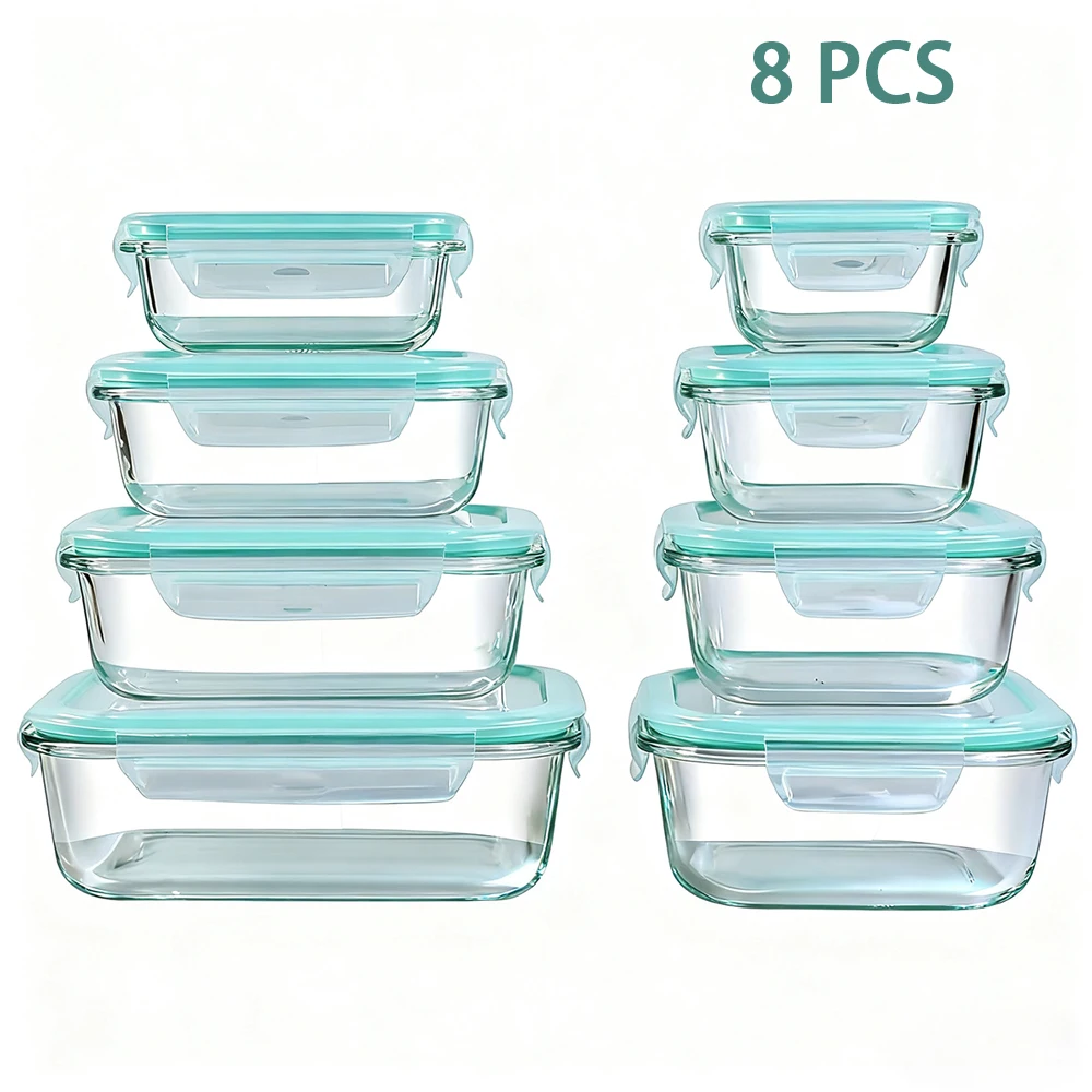 8pcs Glass Food Storage Containers Set Lunch Box Leakproof Airtight Microwave & Oven Safe Stackable Kitchen Organizers - Image 8