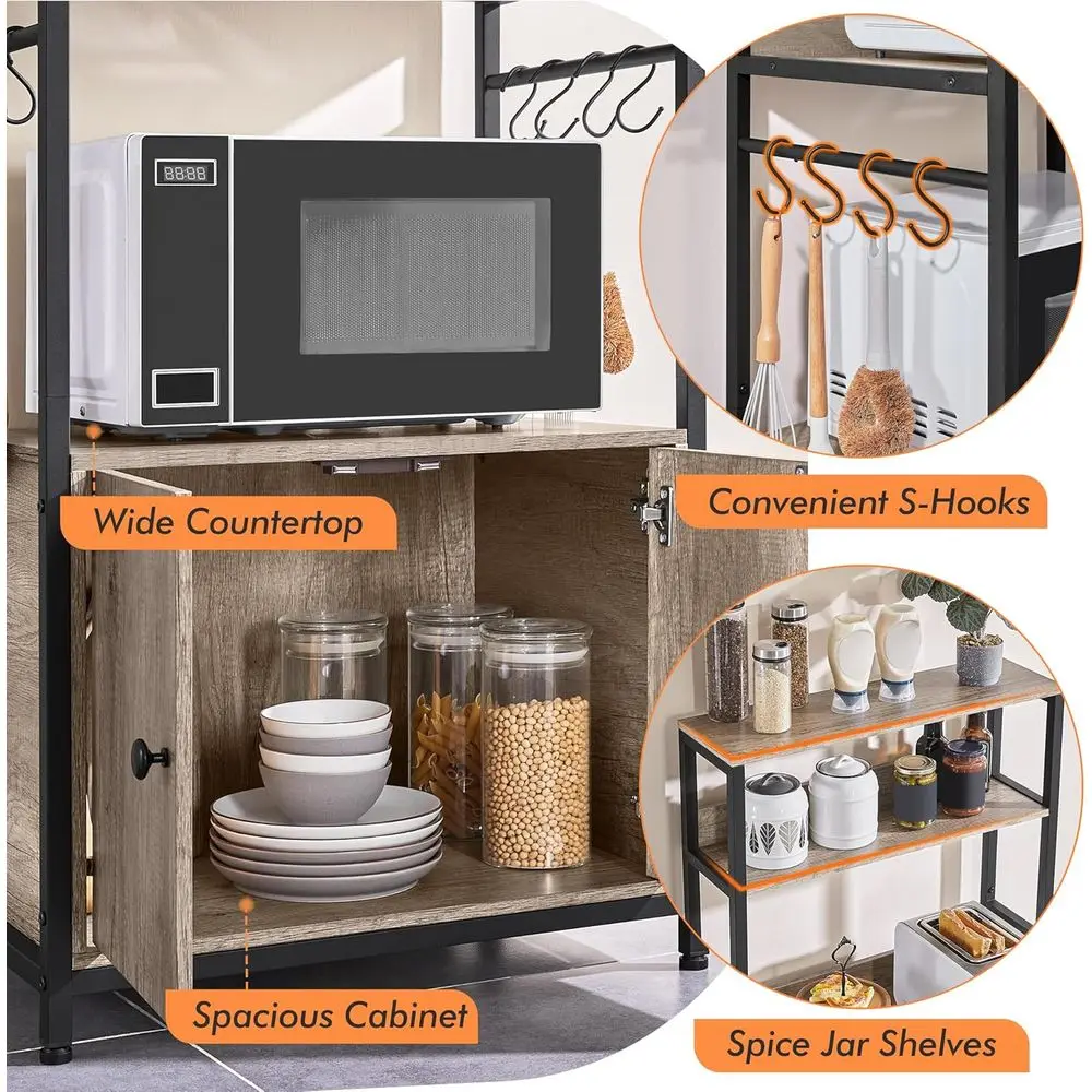 Gray 4-Tier Kitchen Baker's Rack with Storage Cabinet, Microwave Stand, Coffee Bar, and Spice Rack - Image 11