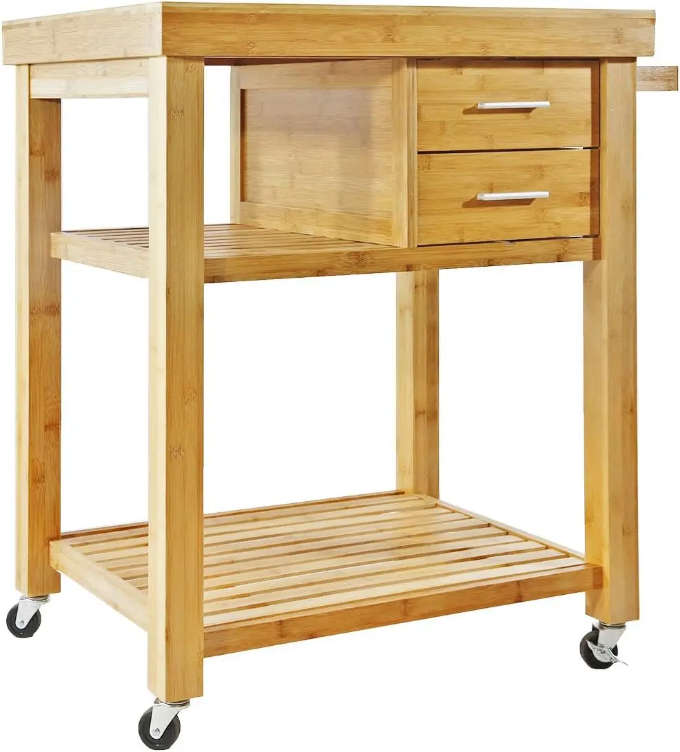 Home Aesthetics Rolling Kitchen Island Cart with Drawers Shelves, Butcher Block Food Prepping Cart Trolley on Wheels,Bamboo Wood - Image 5