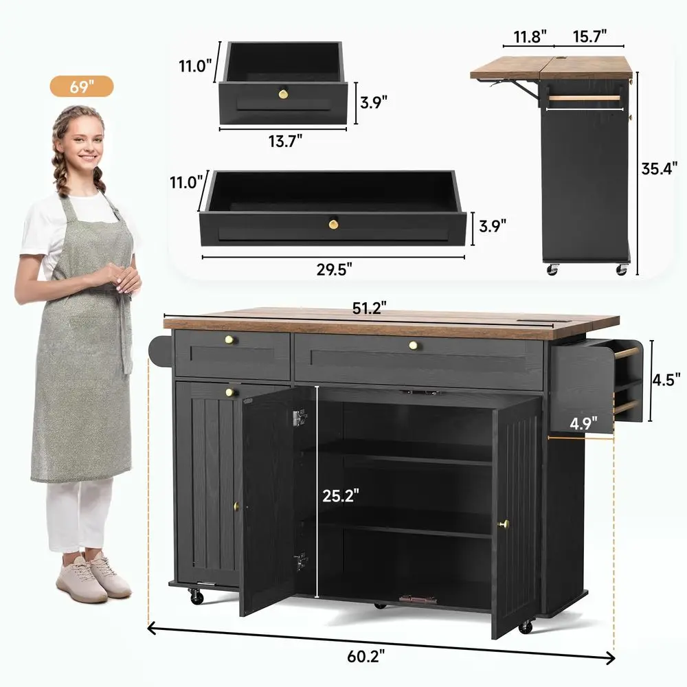 Kitchen Island with Power Outlet amp Drop Leaf, Kitchen Rolling Island with Spice Rack amp Towel Rack, Knife Holder, Kitchen Is - Image 2