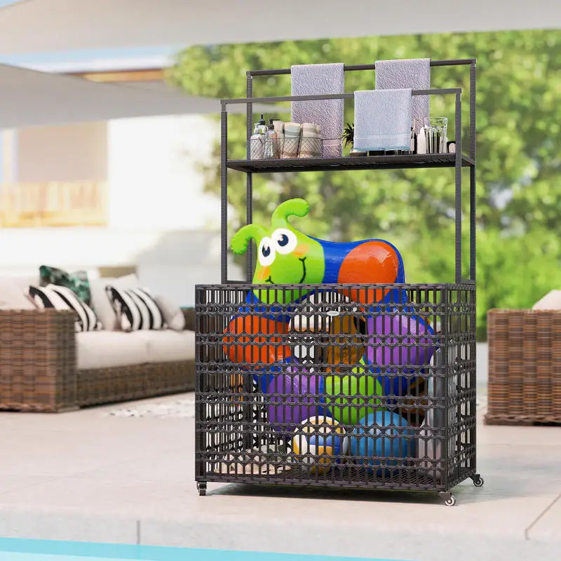 Wicker Pool Float Storage Organizer, PE Rattan Pool Float Holder with Basket Shelf Towel Bars, Rolling Pool Caddy for Floaties, Noodles, Life Vests, Beach Balls, Brown - Image 17