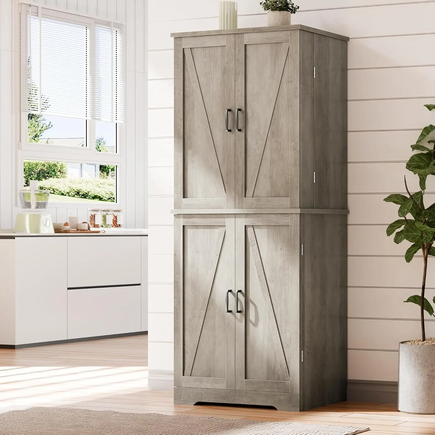 Rustic Pantry Cabinet Barn Door Drawer Adjustable Shelves 6-Tier Wood Cupboard Kitchen Dining Bath, Custom - Image 10
