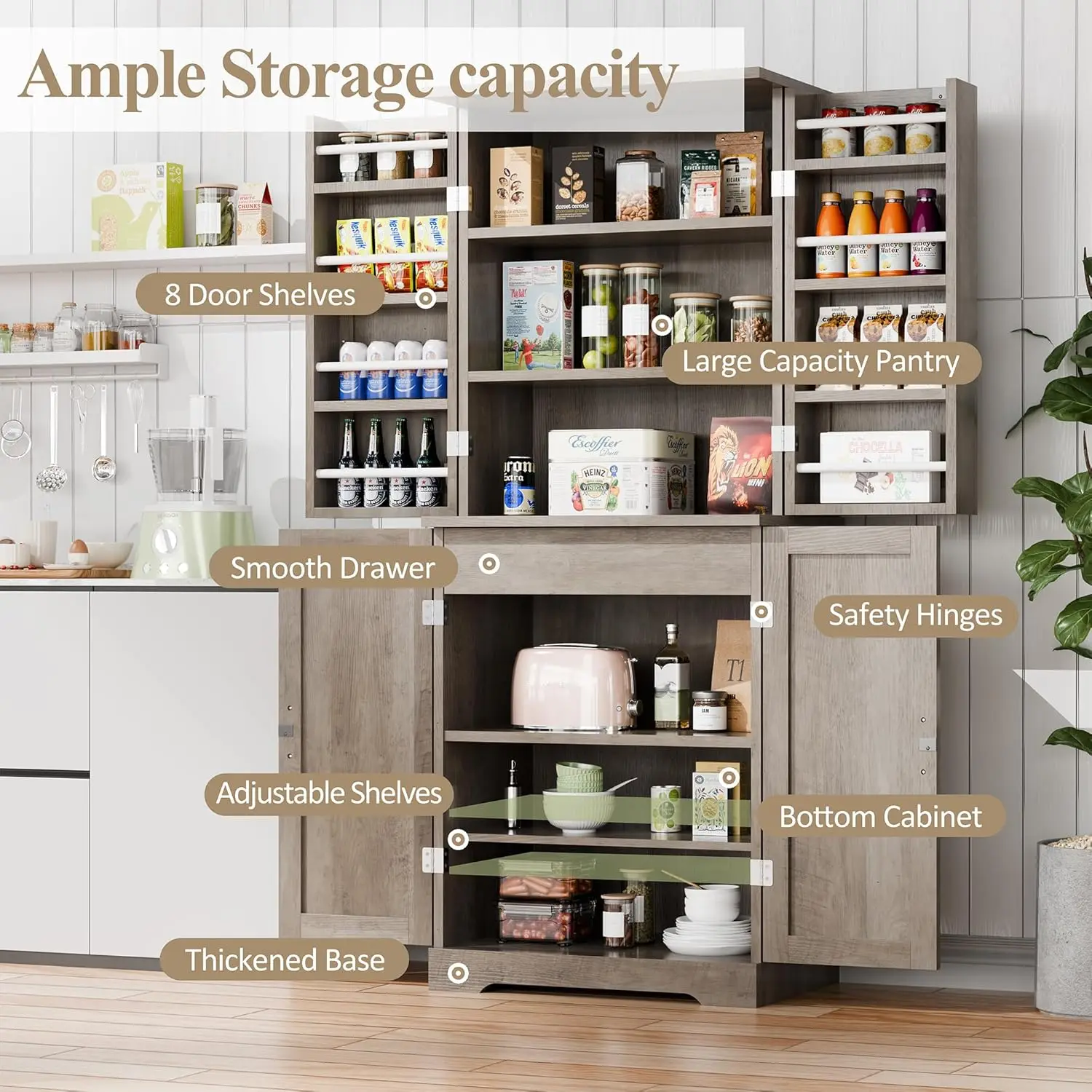 Rustic Pantry Cabinet Barn Door Drawer Adjustable Shelves 6-Tier Wood Cupboard Kitchen Dining Bath, Custom - Image 13