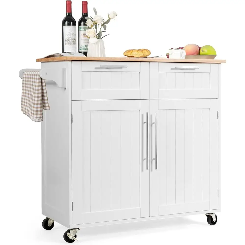 Rolling Kitchen Island with Towel Bar, Double Drawers, 2-Door Cabinet, White