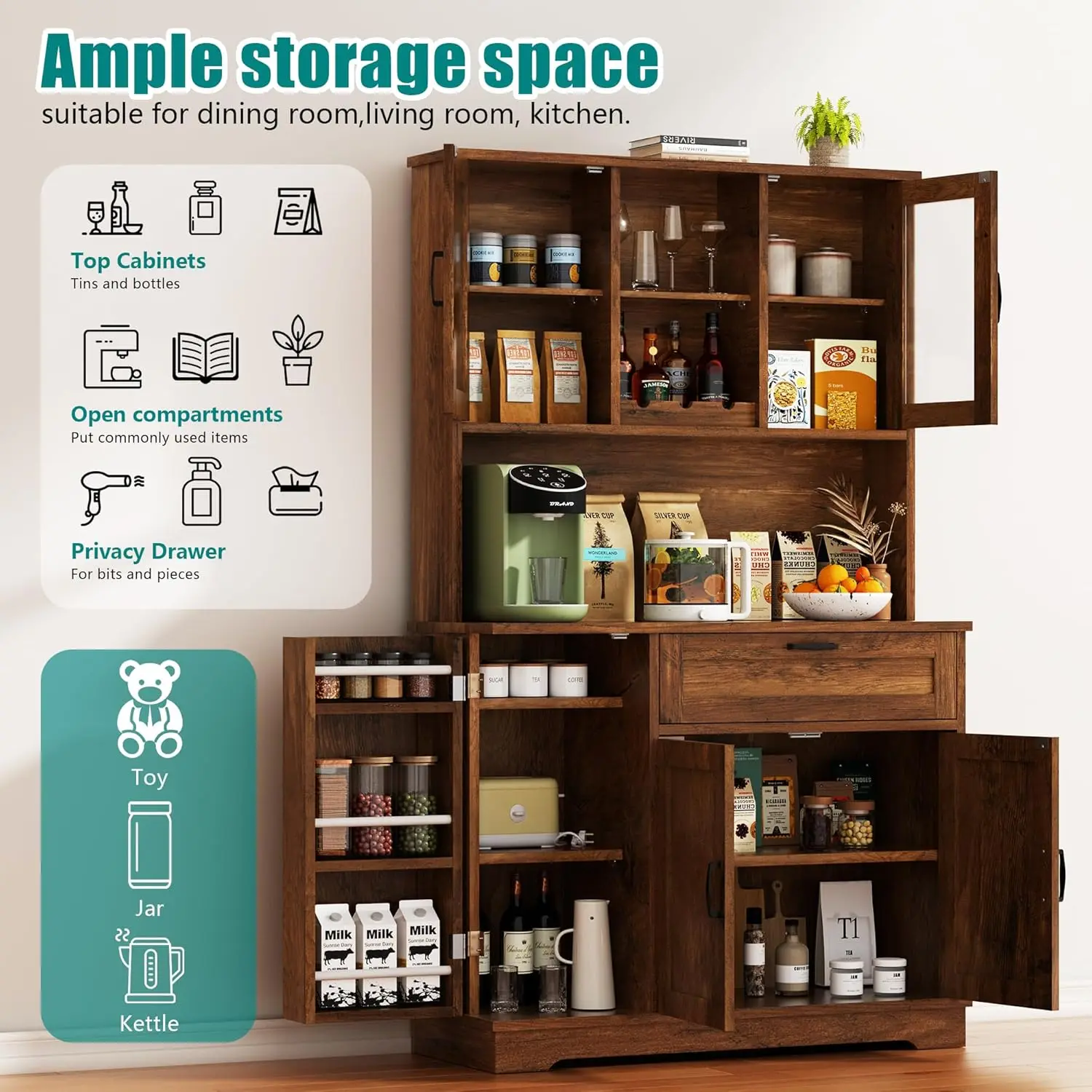 Tall Kitchen Pantry Storage Cabinet, Modern Pantry Cabinet with Hutch and Microwave Stand, Modern Kitchen Coffee, Customized - Image 4