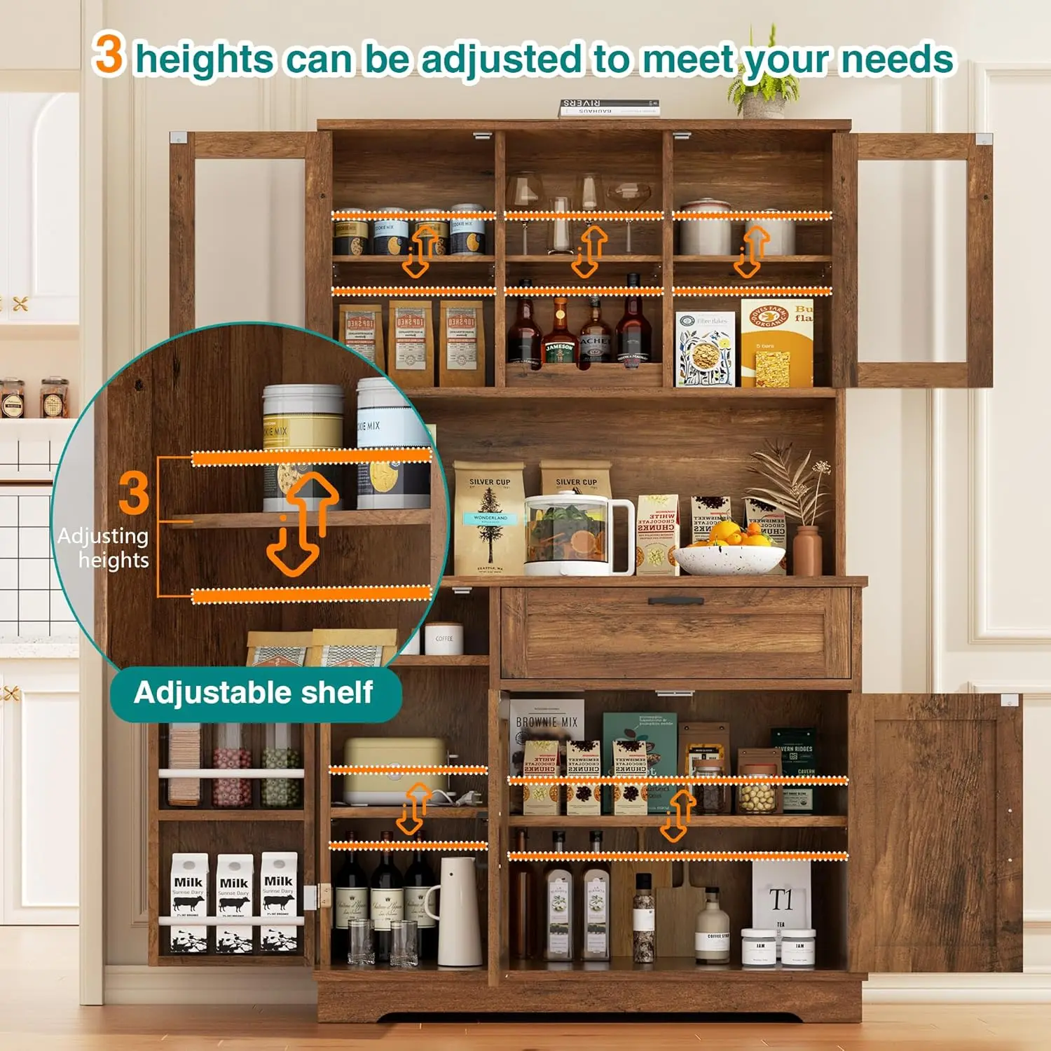 Tall Kitchen Pantry Storage Cabinet, Modern Pantry Cabinet with Hutch and Microwave Stand, Modern Kitchen Coffee, Customized - Image 5