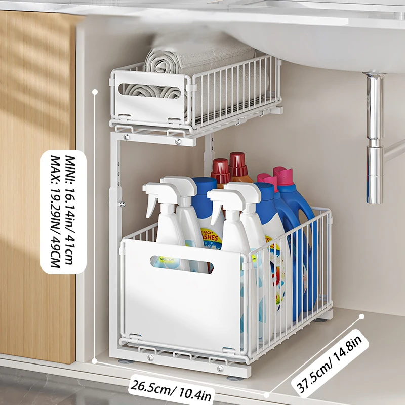 Pull-Out Under Sink Organizer, 2-Tier Adjustable Height Sliding Shelf for Kitchen/Bathroom Cabinet Storage, Black & White - Image 7