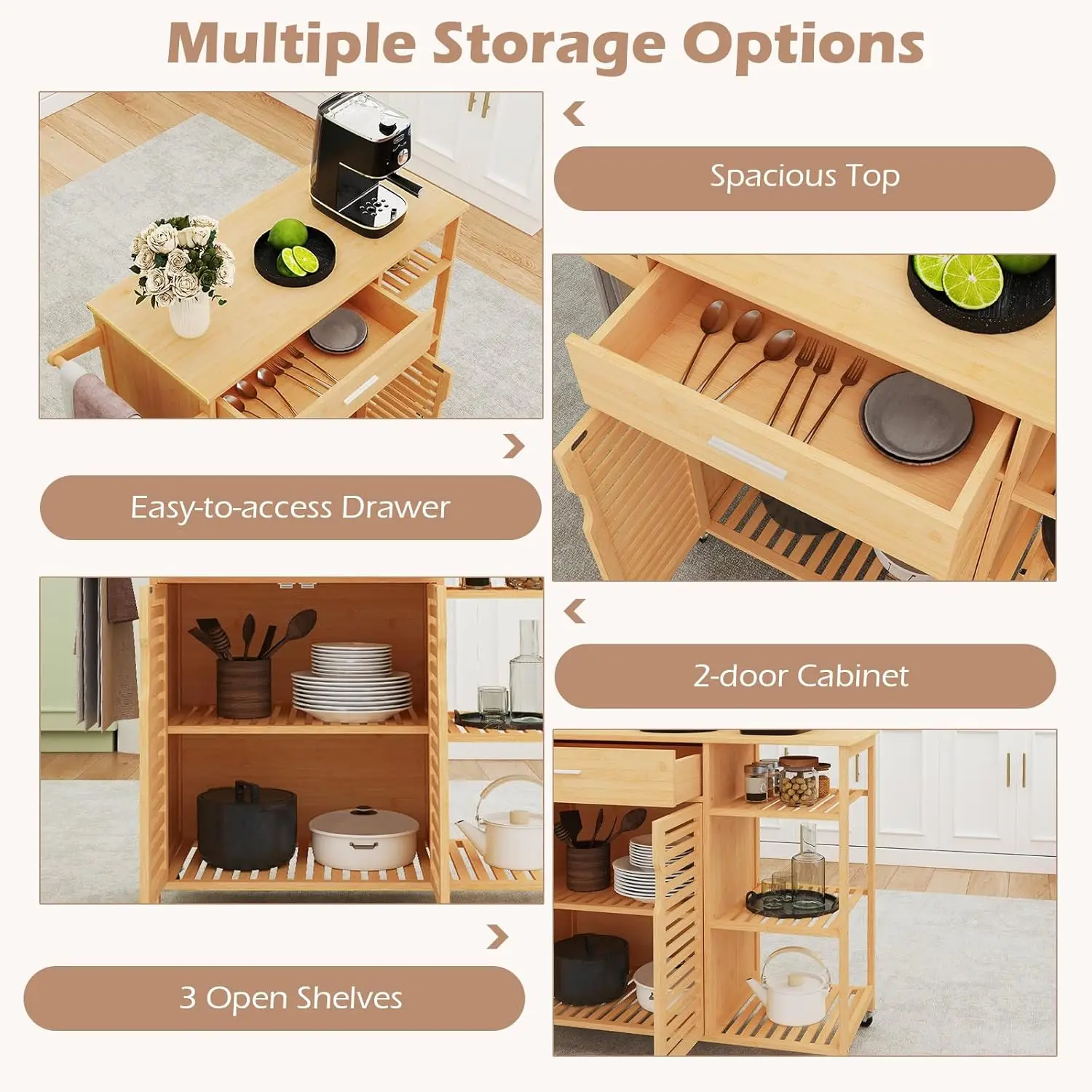 Bamboo Kitchen Island Cart Rolling Butcher Block Drawer Cabinet 3-Tier Shelves Towel Rack Wheels Storage Dining Room, Custom - Image 5