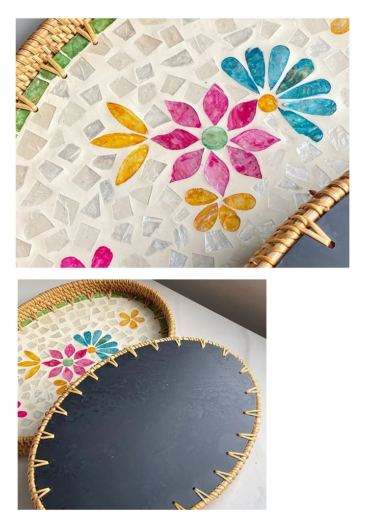 Handwoven Rattan Oval Tray with Shell Mosaic Inlay, Decorative Serving Tray for Coffee, Tea, Snacks, Bathroom Vanity Organizer - Image 30