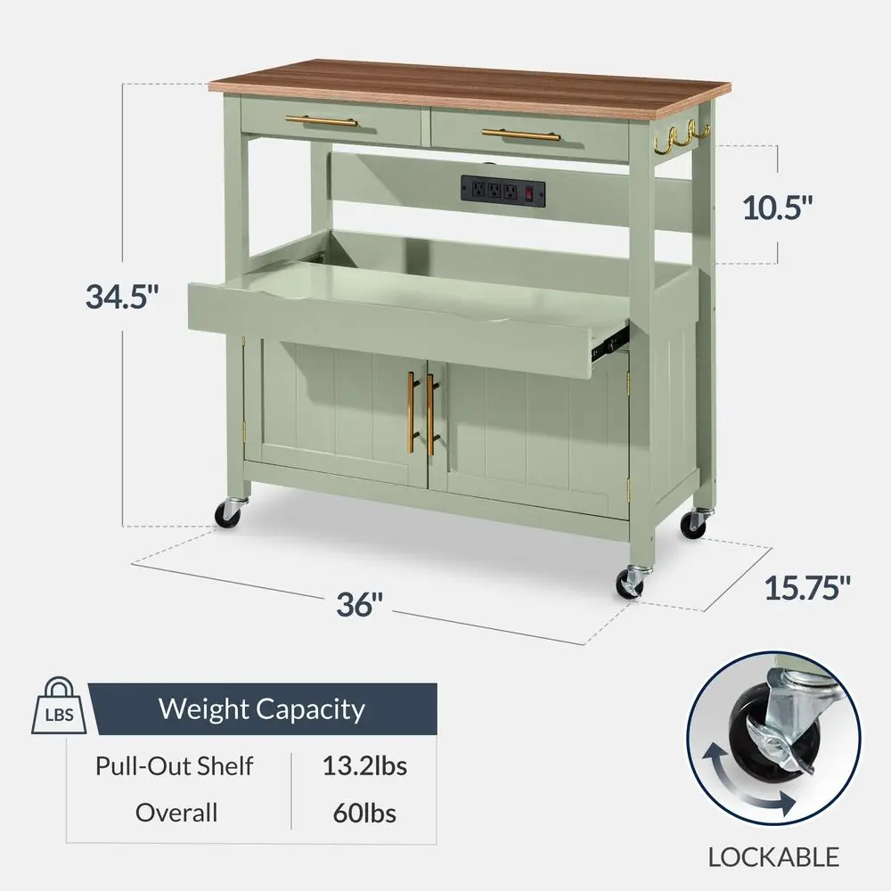 36in Large Rolling Kitchen Island Cart, 2Door Cabinet, 2 Drawers, PullOut Shelf, Power Outlet, Hooks, amp Swivel Lockable Wheel - Image 2