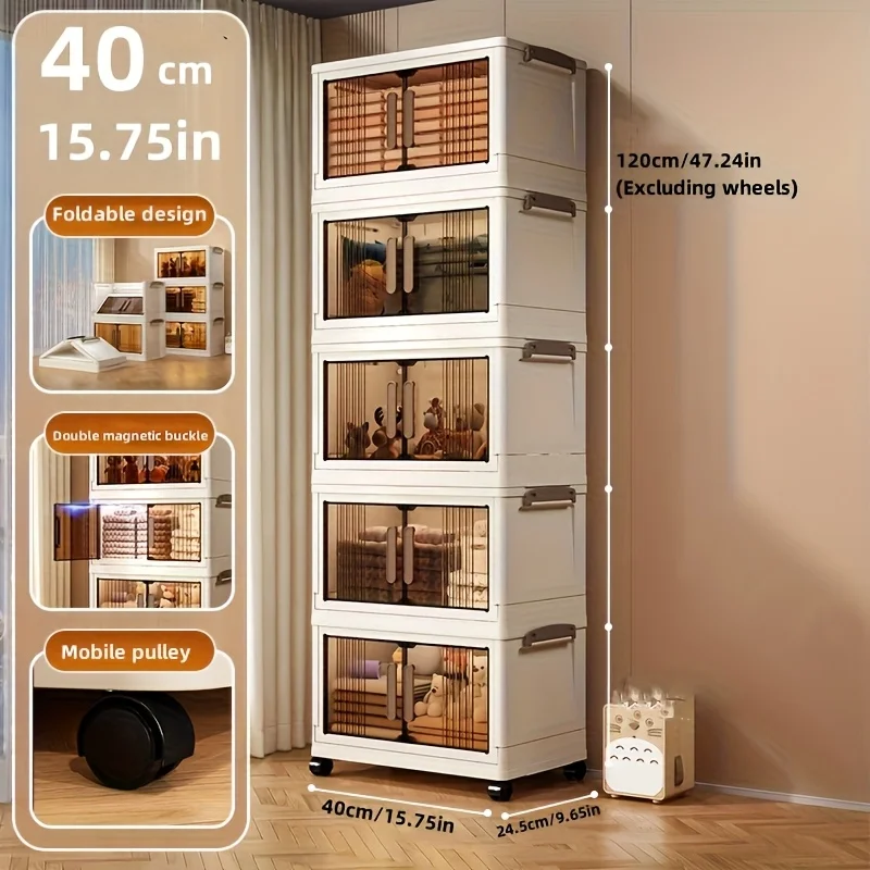 4/5-Tier Heavy-Duty Plastic Folding Storage Cabinet with Lid - Foldable & Stackable Shelving Unit, Wheeled Container Suitable fo - Image 4