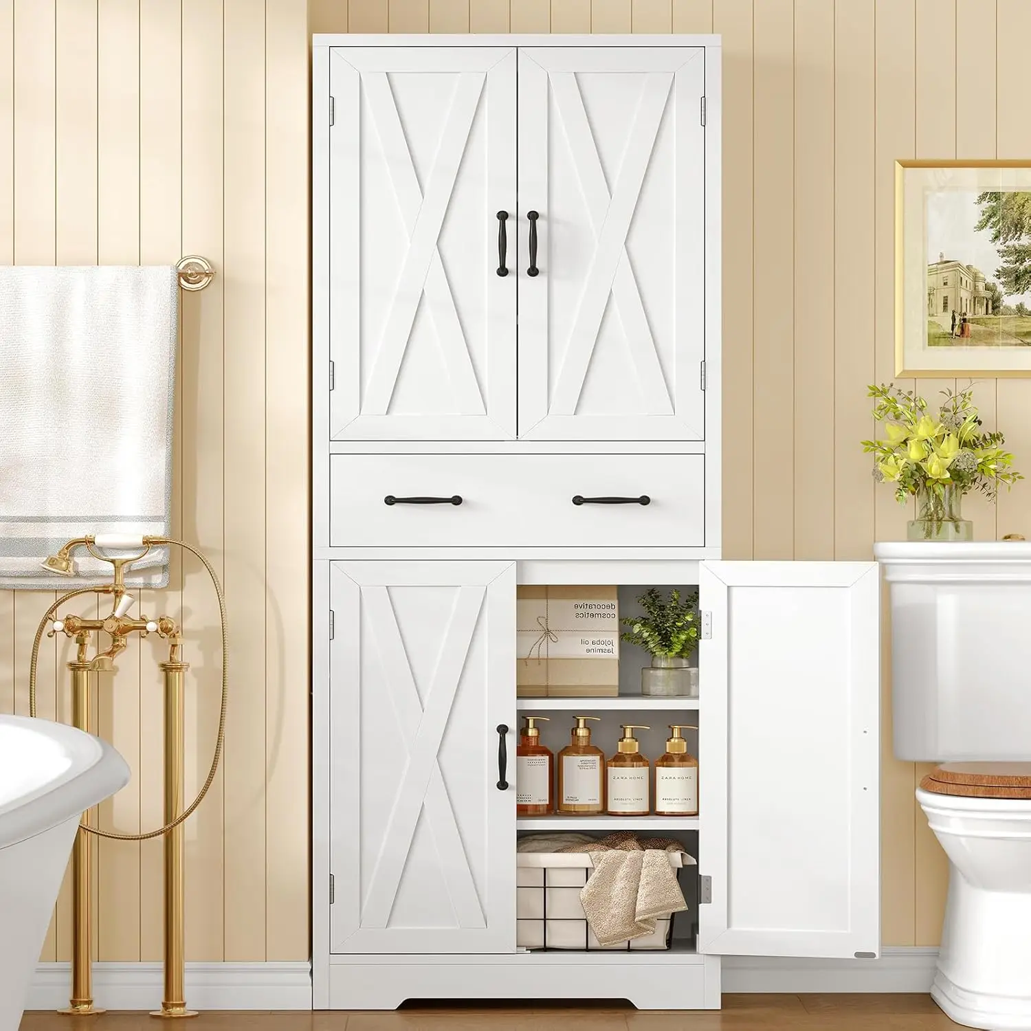 Tall Storage Cabinet with 2 Adjustable Shelves & Drawer 4-Door Pantry Bathroom Living Room Kitchen White Custom - Image 13