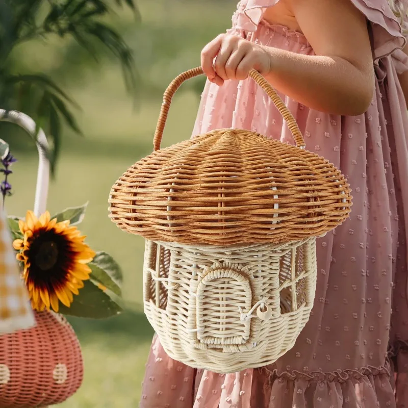 Rattan Mushroom Storage Basket Cute Cartoon Handwoven Nut Wicker Handbag Outdoor Picnic Women Tote Straw Bag Children Organizer - Image 10