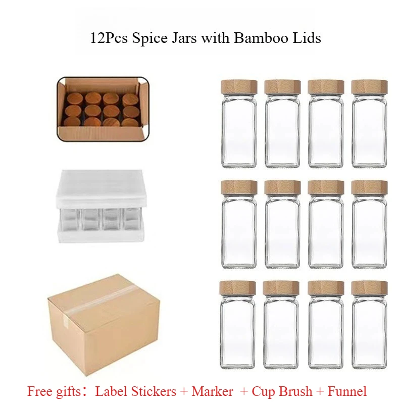 12Pcs Glass Spice Jars with Bamboo Lid Kitchen Glass Jars Spice Jar Set Seasoning Jars Organizer Storage Bottles for Spice Rack - Image 7