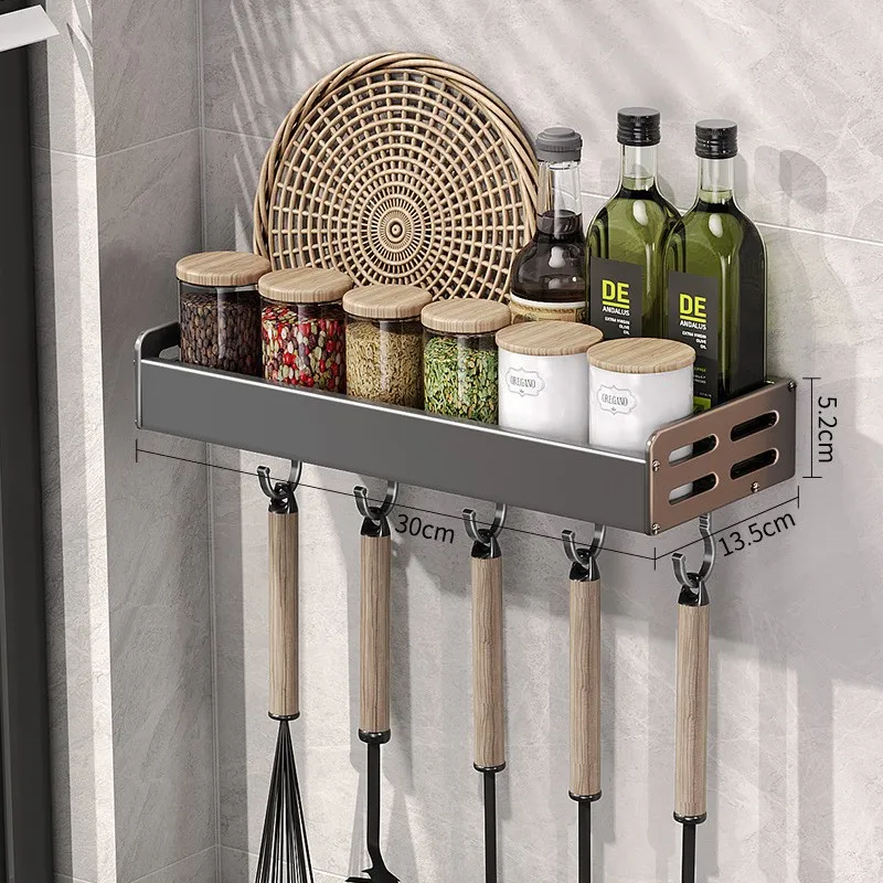 Wall Mount Utensil Holder Multifunctional Spice Organizer Shelf with Hooks Kitchen Hanging Storage Wall Shelf - Image 9