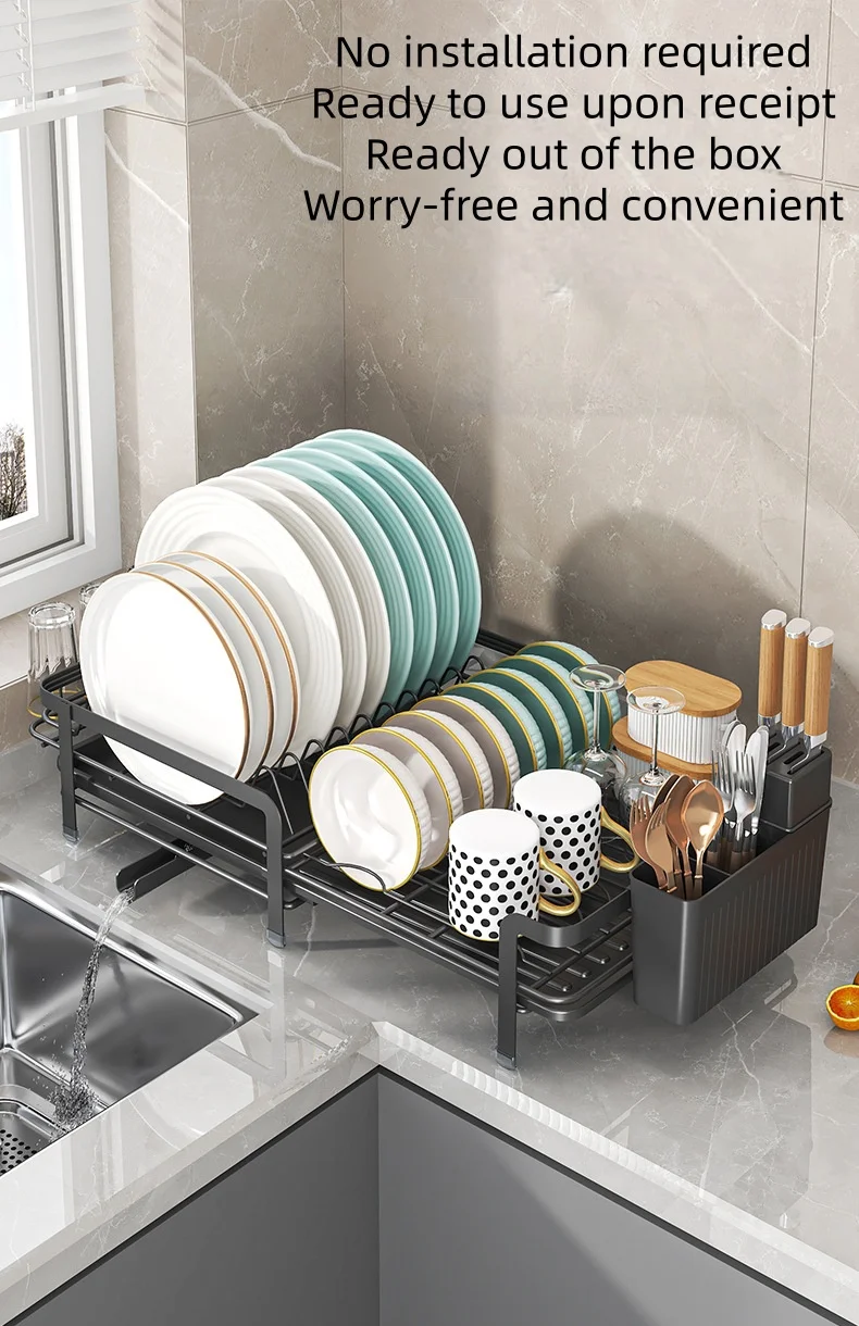 Expandable dish storage rack automatic draining rotatable drain rack adjustable counter organizer kitchen storage rack - Image 15