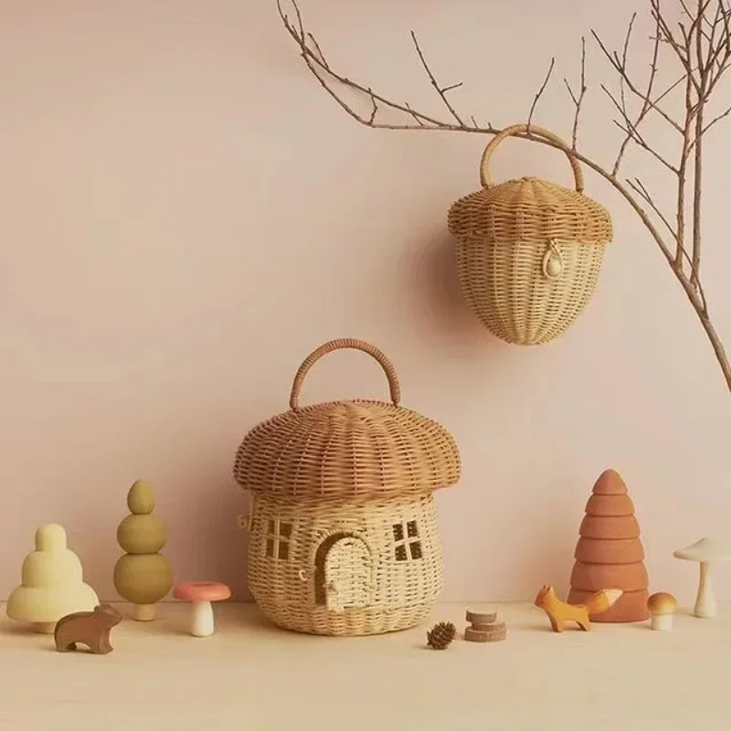 Rattan Woven Mushroom Basket Summer Portable Children Woven Bags Outdoor Vacation Picnic Baskets Kids Toy Sundries Organizer - Image 2