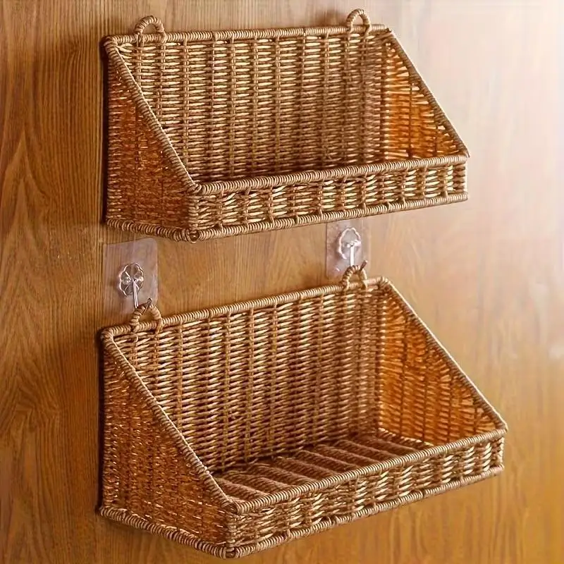 Woven Rattan Wall Storage Baskets | Adhesive Hook Hanging Shelves for Bathroom/Kitchen Organization - Image 7