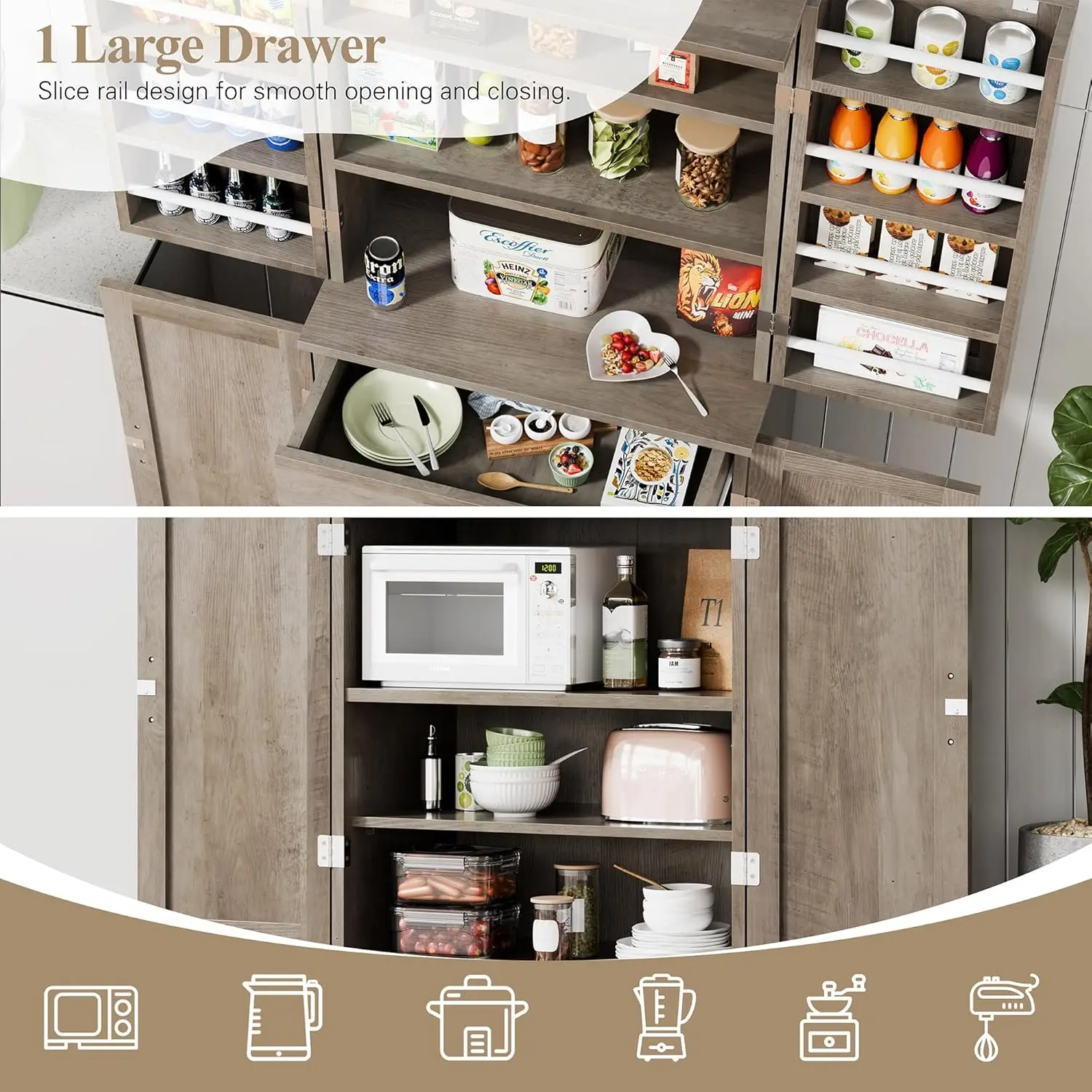 Rustic Pantry Cabinet Barn Door Drawer Adjustable Shelves 6-Tier Wood Cupboard Kitchen Dining Bath, Custom - Image 5