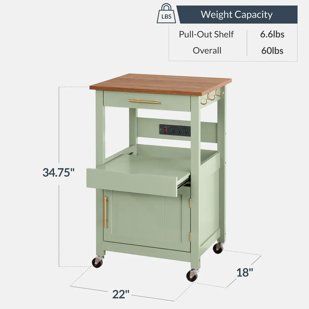 Rolling Kitchen Island Cart, Single Door Cabinet W Drawer, Sliding Tray, Outlet, Swivel Lockable Wheels, Hooks, Coffee Cart, Mi - Image 8