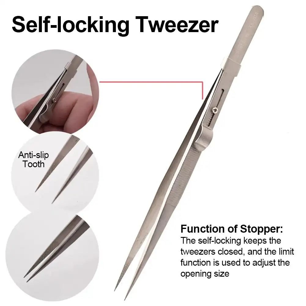 Adjustable Self Clamping Tweezers Jewelry Making Tool Slide Lock Stainless Steel Tweezers Electronic Component Repair Tools - Image 5