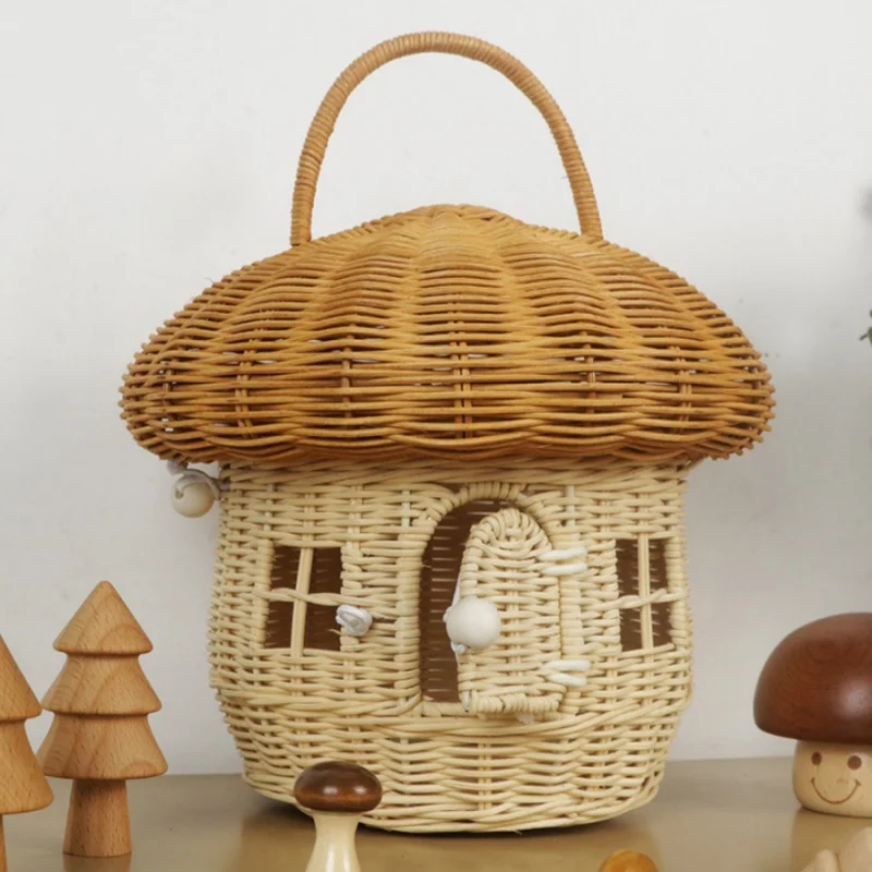 Rattan Mushroom Storage Basket Cute Cartoon Handwoven Nut Wicker Handbag Outdoor Picnic Women Tote Straw Bag Children Organizer
