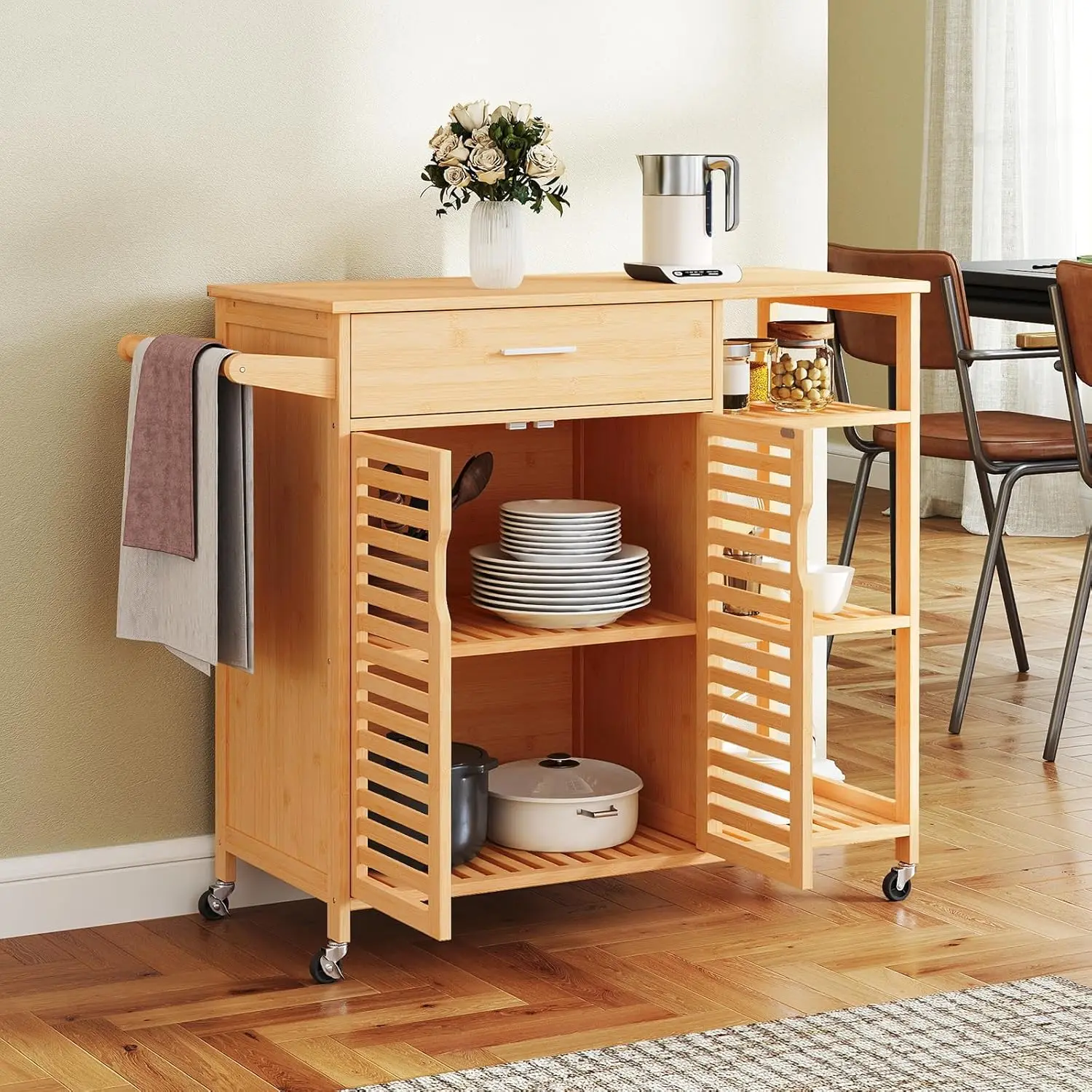Bamboo Kitchen Island Cart Rolling Butcher Block Drawer Cabinet 3-Tier Shelves Towel Rack Wheels Storage Dining Room, Custom - Image 14
