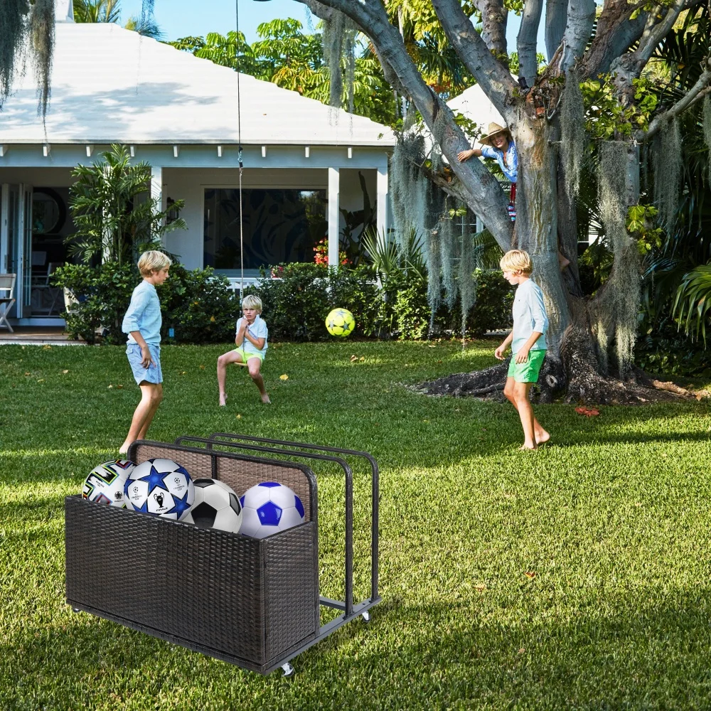 Outdoor Storage Solution with Convenient Mobility Poolside Float Storage Basket, PE Rattan Pool Caddy with Rolling Wheels - Image 5