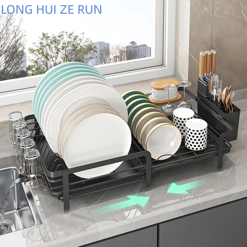 Expandable dish storage rack automatic draining rotatable drain rack adjustable counter organizer kitchen storage rack