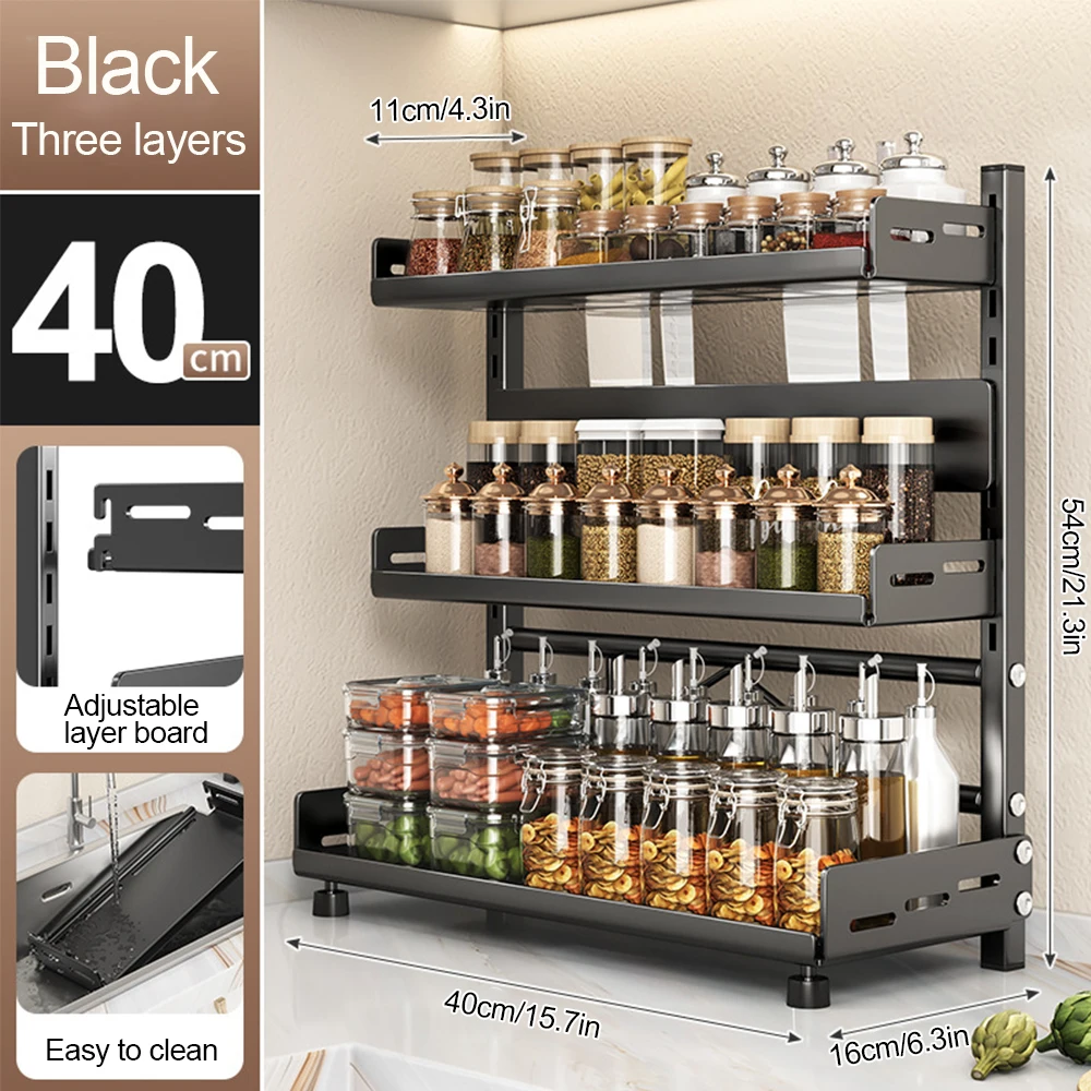 3 Tier Spice Storage Rack for Countertop Adjustable Spice Organization for Cabinet Kitchen Organizer Metal Shelf Black - Image 9