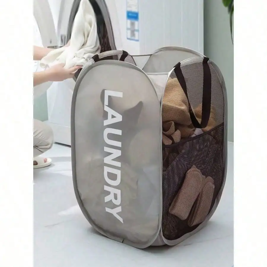 Foldable Mesh Laundry Hamper With Handle, Pop Up Dirty Clothes Storage Basket, Household Bathroom Laundry Organizer - Image 2