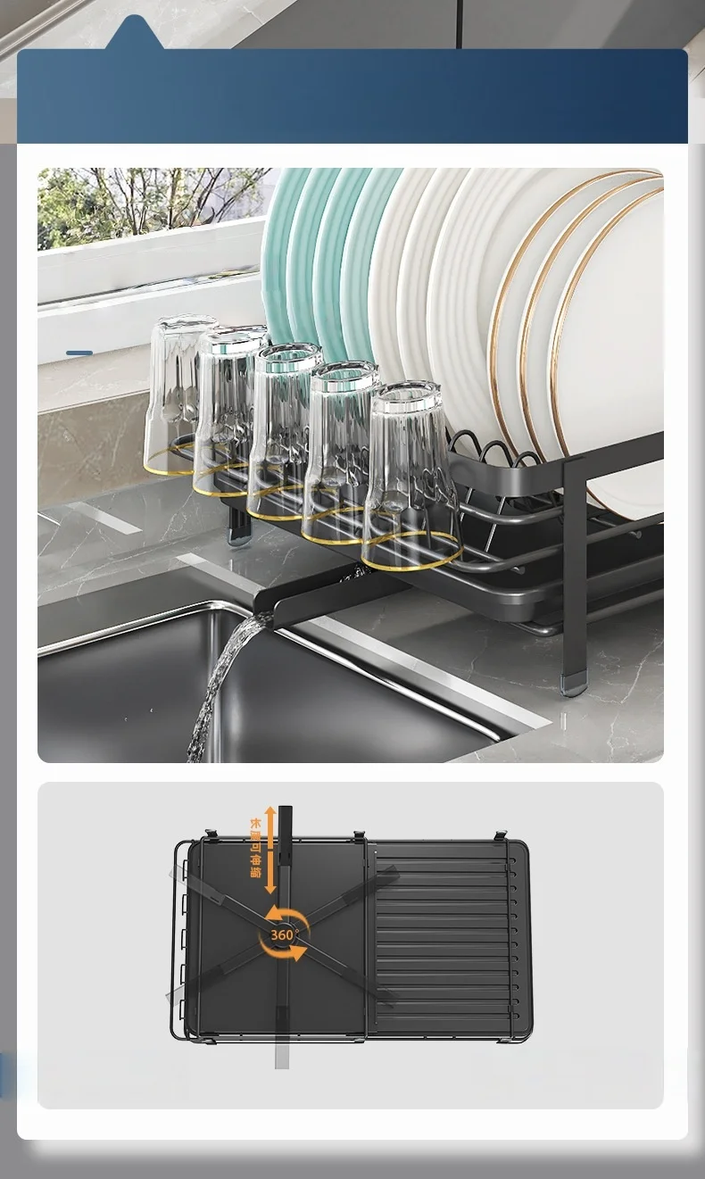 Expandable dish storage rack automatic draining rotatable drain rack adjustable counter organizer kitchen storage rack - Image 18