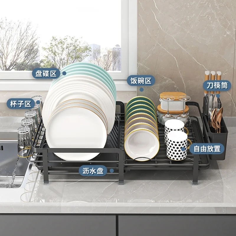 Expandable dish storage rack automatic draining rotatable drain rack adjustable counter organizer kitchen storage rack - Image 4
