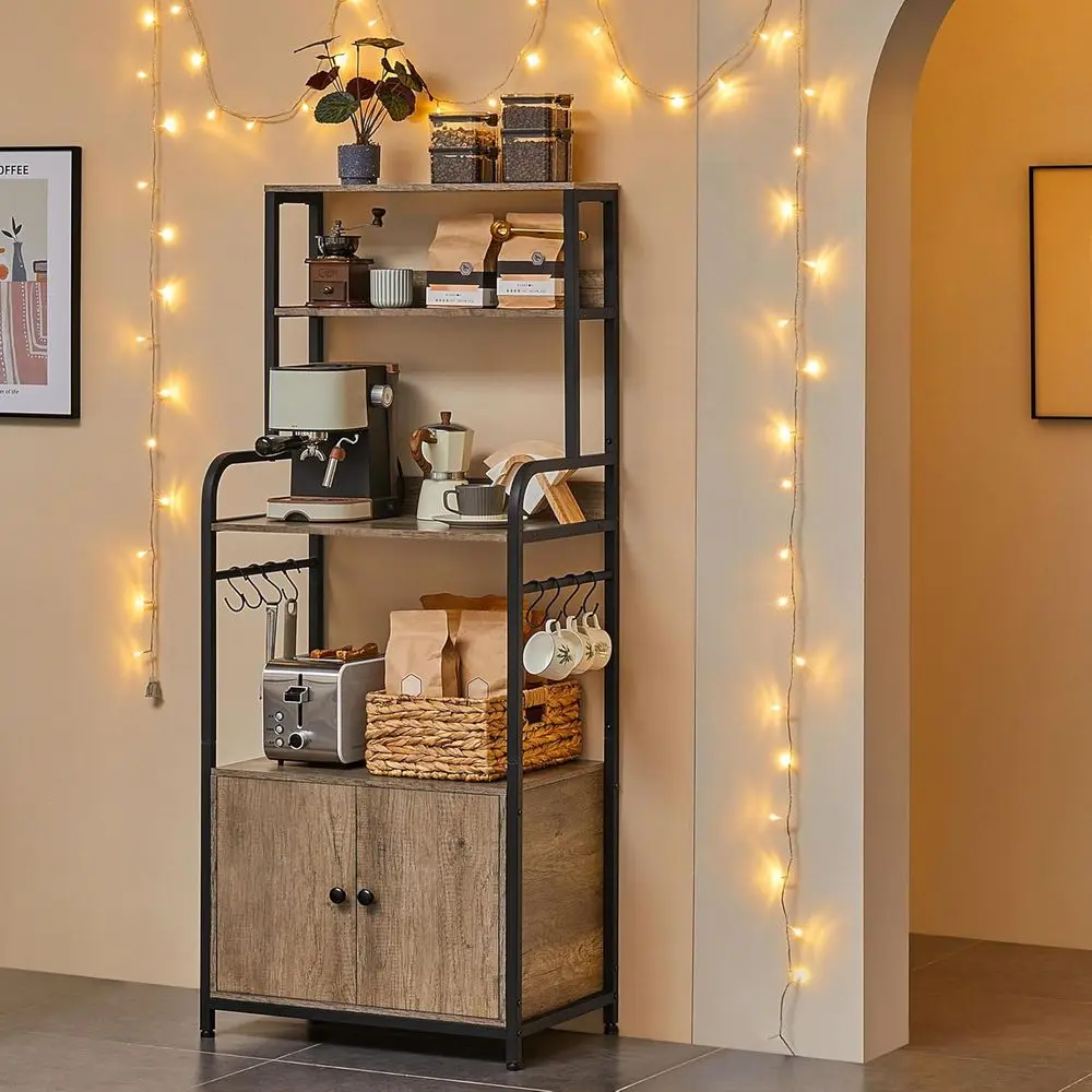 Gray 4-Tier Kitchen Baker's Rack with Storage Cabinet, Microwave Stand, Coffee Bar, and Spice Rack - Image 13