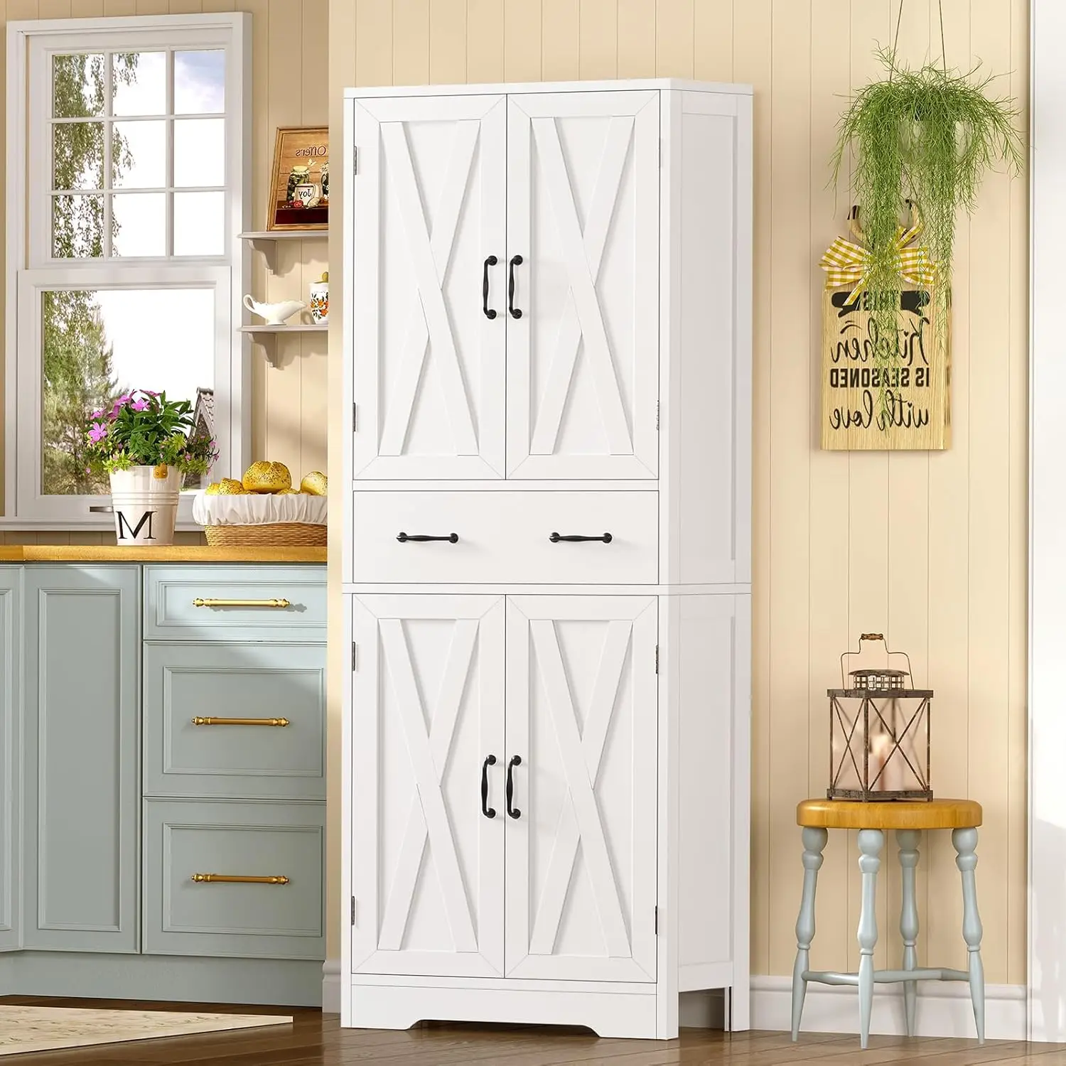 Tall Storage Cabinet with 2 Adjustable Shelves & Drawer 4-Door Pantry Bathroom Living Room Kitchen White Custom - Image 2