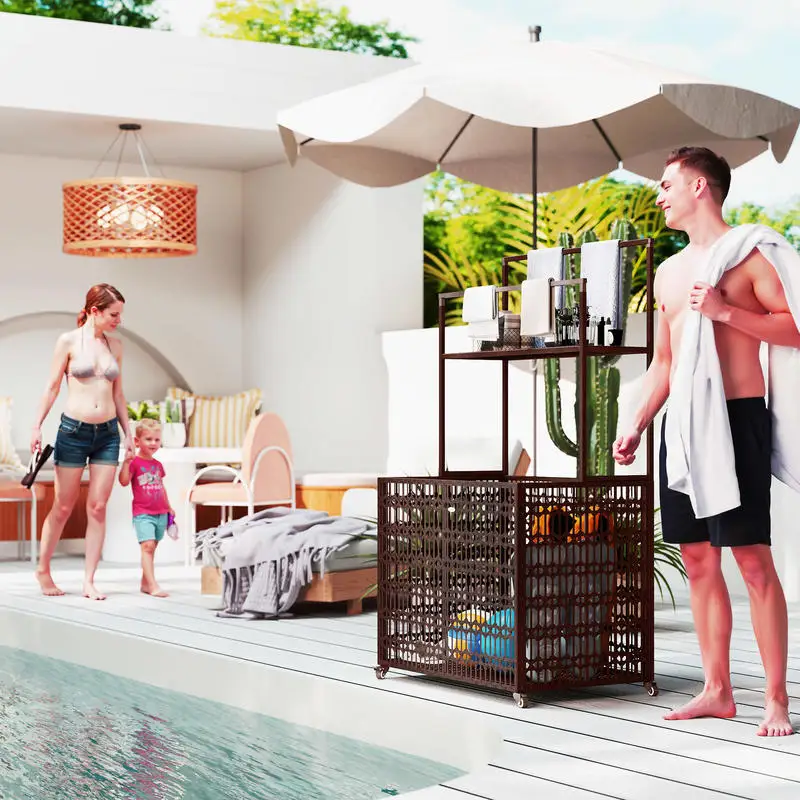 Wicker Pool Float Storage Organizer, PE Rattan Pool Float Holder with Basket Shelf Towel Bars, Rolling Pool Caddy for Floaties, Noodles, Life Vests, Beach Balls, Brown - Image 10
