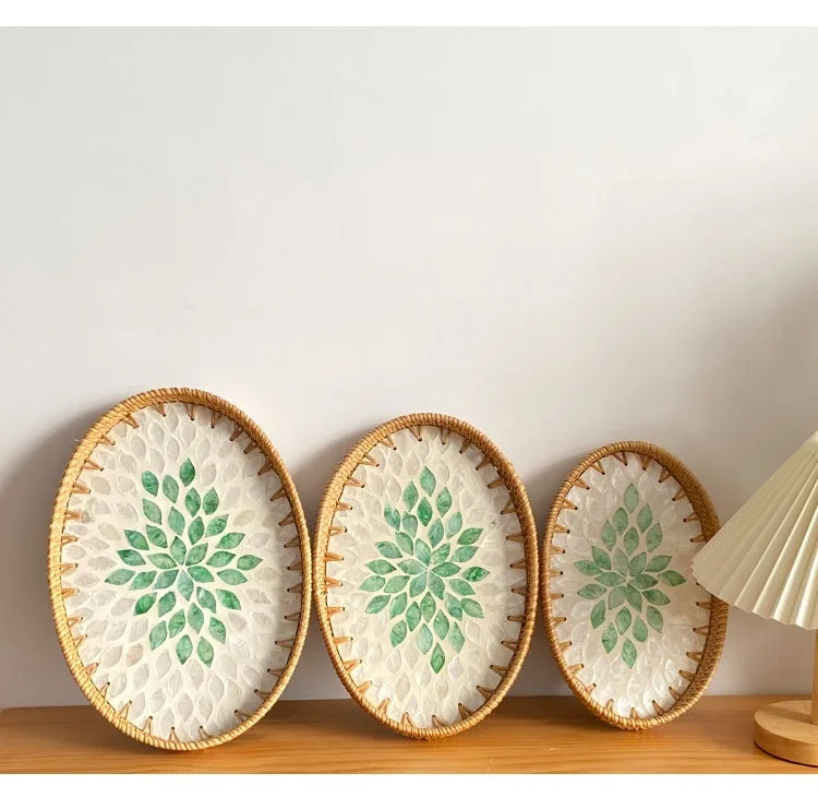 Handwoven Rattan Oval Tray with Shell Mosaic Inlay, Decorative Serving Tray for Coffee, Tea, Snacks, Bathroom Vanity Organizer - Image 27